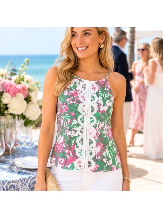 Lilly Pulitzer Tops - Lilly Pulitzer Anabelle Top sz 00 Hotty Pink Forgot My Trunks Floral Lace Trim